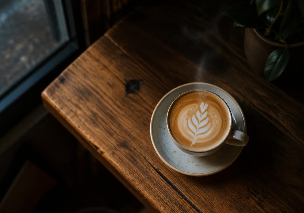 Cappuccino posé sur un comptoir en chêne